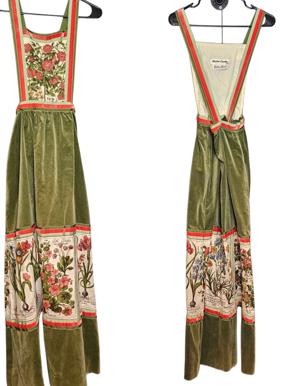 Victor Costa For Neiman Marcus, 1970s Era Olive Green Velvet Botanical Dress
